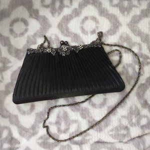 Jessica black art deco evening bag clutch floral rhinestone chain strap